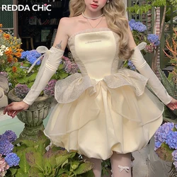 REDDACHiC Princess Women Mini Dress with Arm Sleeves Backless Lace-up Puffy Layered Ruffles Corset Bud Dress Cocktail Party Gown