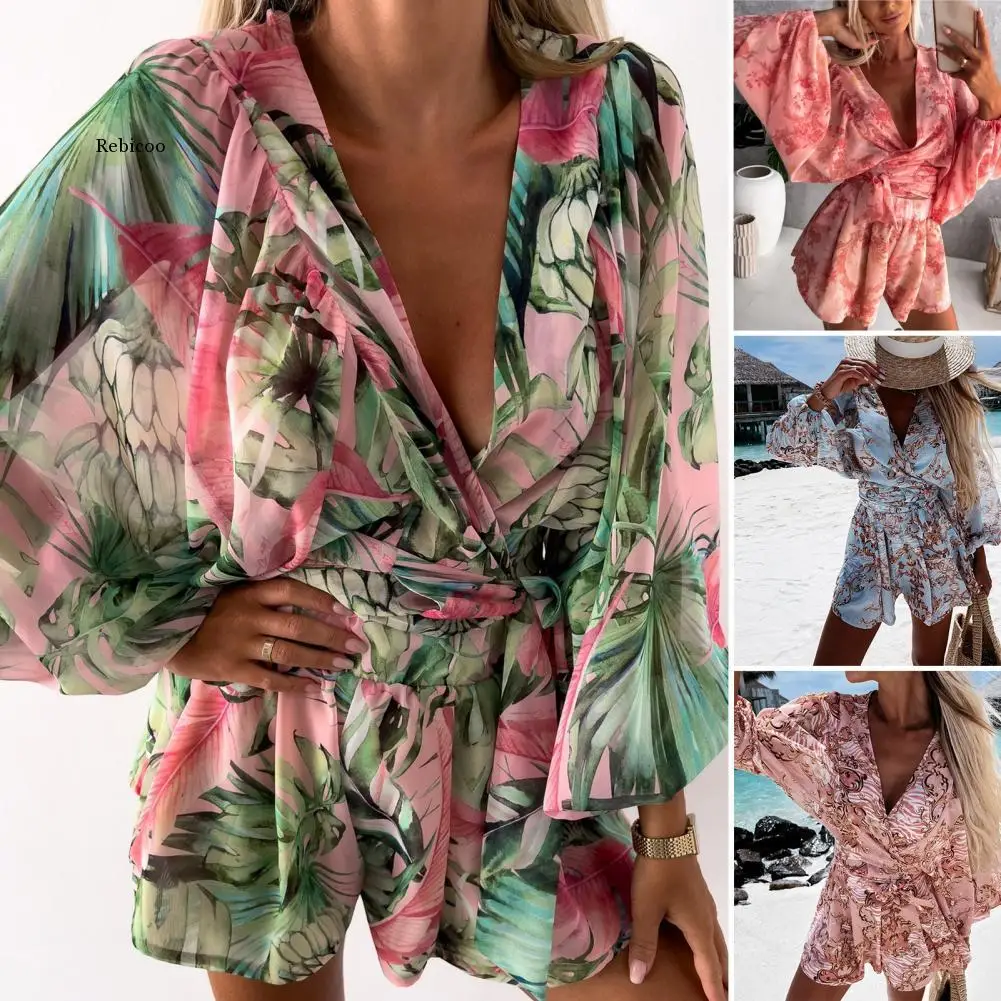 Deep V-Neck Belt Elastic Waistband Wide Leg Women Romper Flower Print Lantern Long Sleeve Casual Playsuit Jumpsuit Streetwear