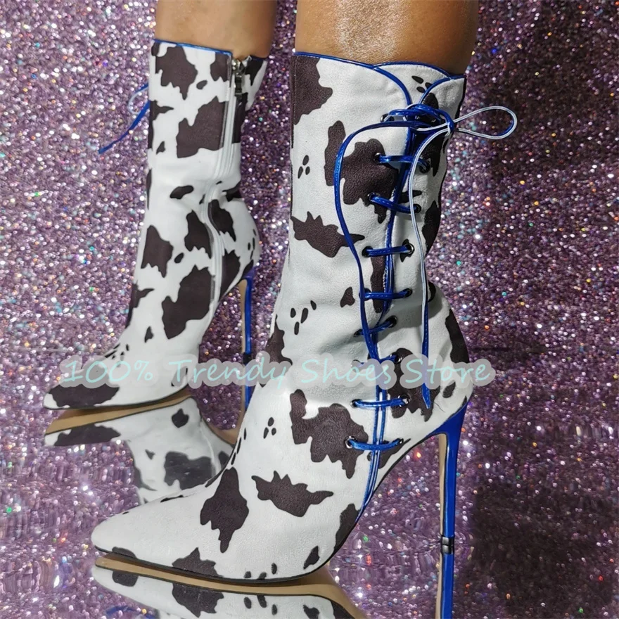 

Fashion Mixed Color Prints Lace-Up Women Mid-Calf Boots Pointed Toe High Heel Side Zipper Boots Lady Large Size Winter Shoes