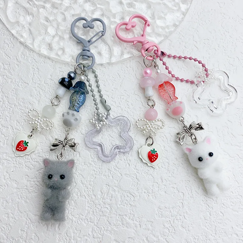 6 Style Cute Flocked Kitten Five-pointed Star Cat Paw Love Keychain Mobile Phone Chain Anti-Lost Lanyard Pendant Earphone Chain