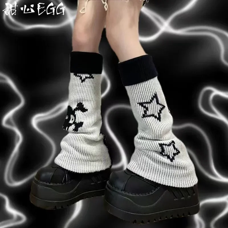 Y2K Punk Knitted Leg Warmers Star Gothic Cross Harajuku Women Heart Two Side Wear Loose Fit Leg Covers Sock JK Thigh High Lolita