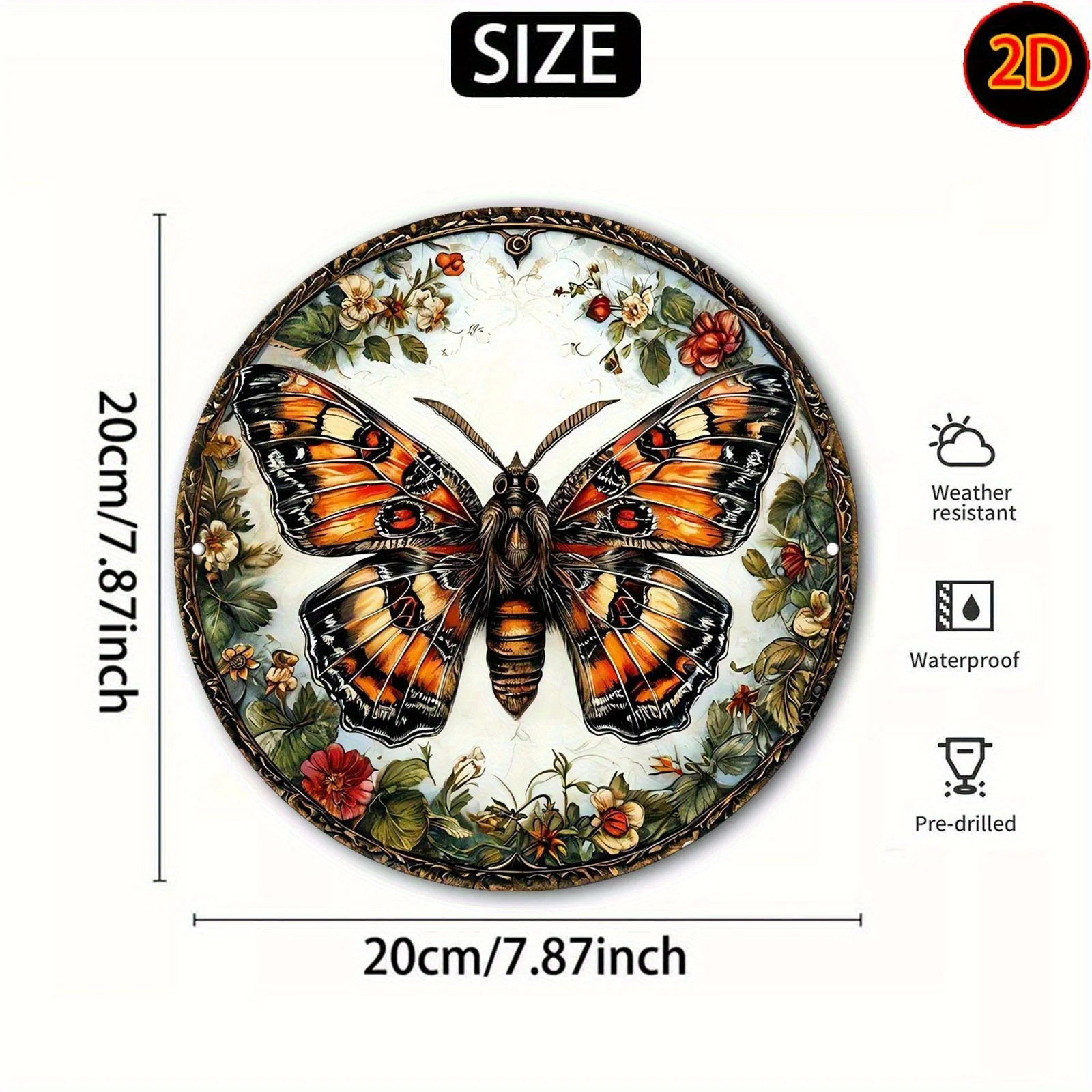 2D Flat - A Vintage Round Aluminum Sign Featuring a Beautiful Butterfly And Floral Design, Perfect for Decorating Bedrooms, Livi