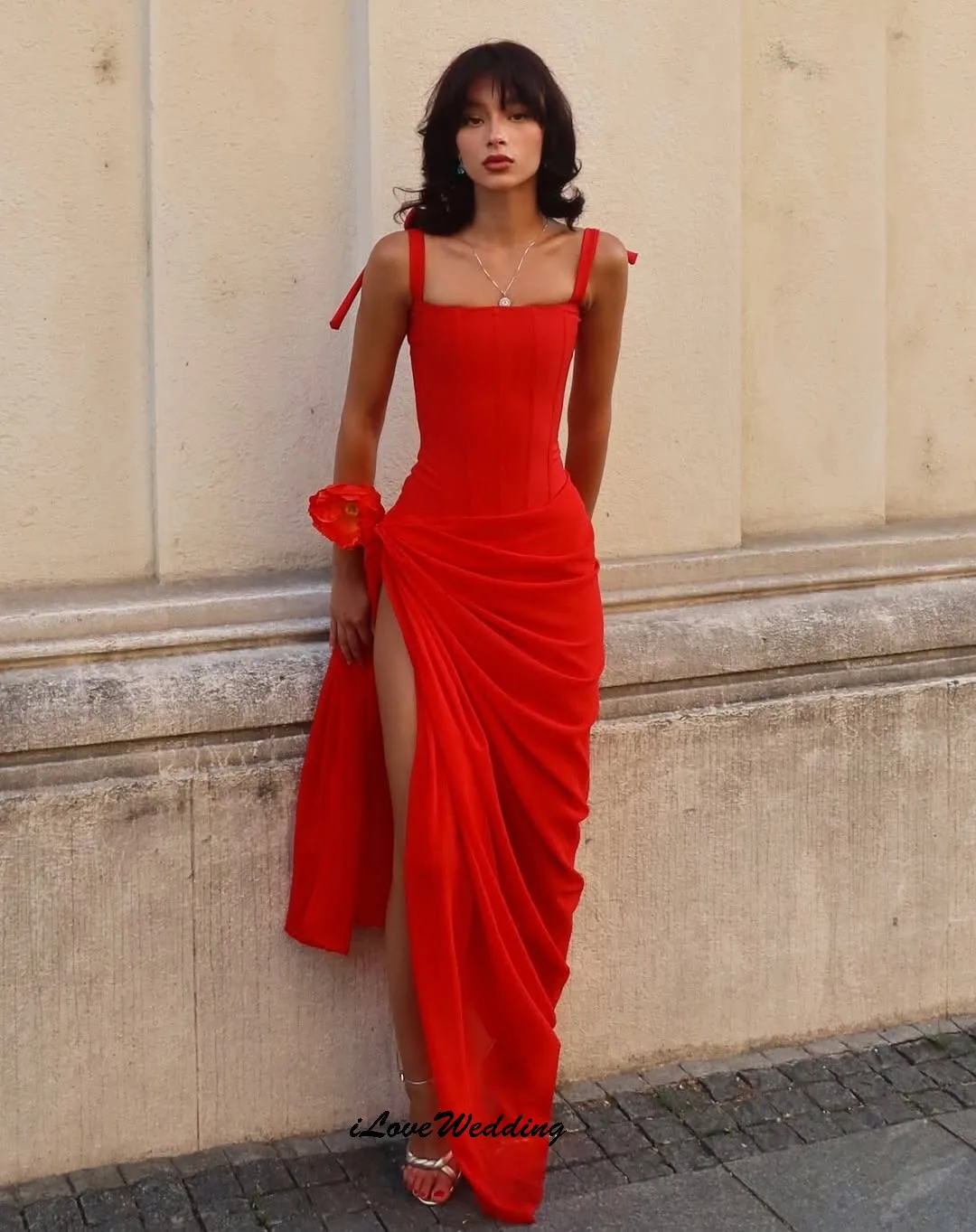 

Red Mermaid Sleeveless Prom Dresses 2025 Chiffon Squared Neck Pleated Wedding Party Dress For Women Floor Length Gala Customized