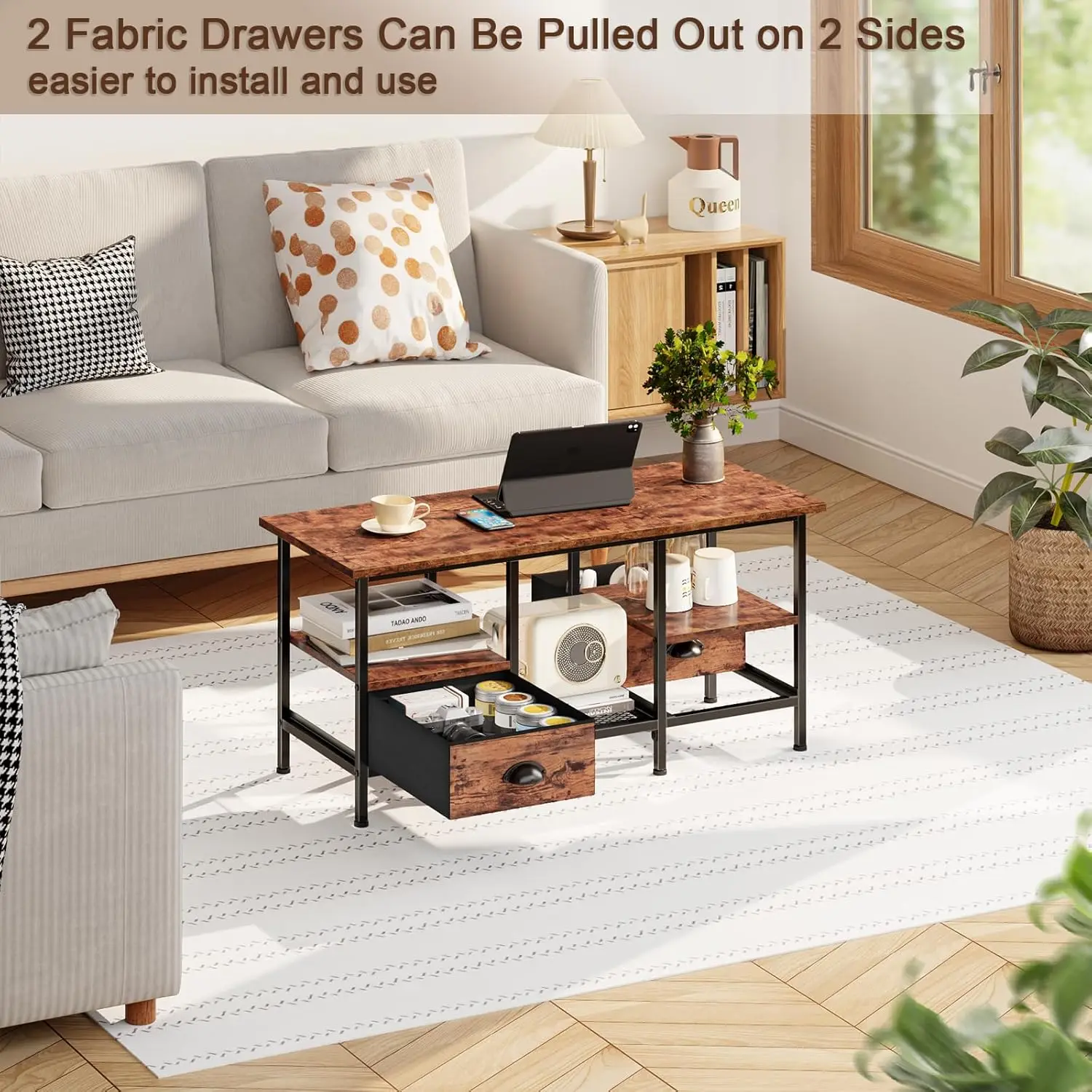 Furologee Coffee Table With 2 Fabric Drawers, 35Inch Small Coffee Table For Living Room, 2-Tier Central Table With Storage