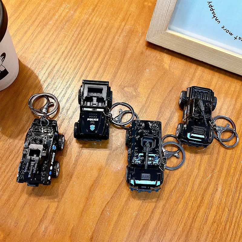 Creative Military Police Car Toy Keychain Pendant Simulation Tank Car Fun Pull Back Car Stress Relief Toy Bag Hanging Small Gift