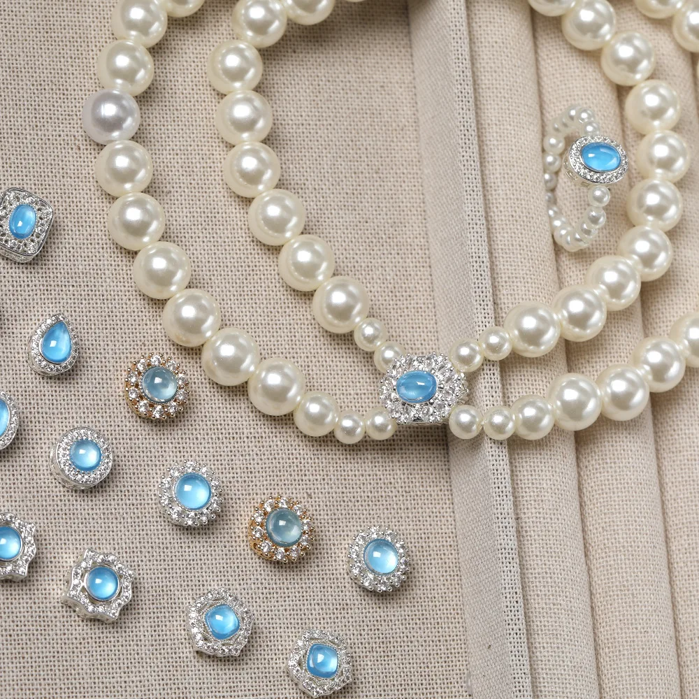 5 Pieces Copper Gold-plated Inlaid with Sea Blue Zircon High-end Bead DIY Pearl Necklace Bracelet Jewelry Accessories Wholesale