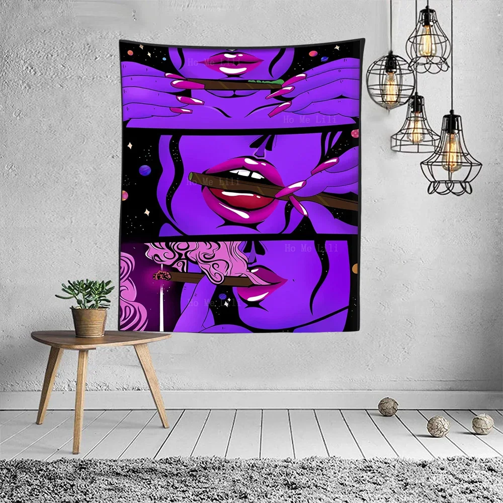 Hippie Cool Girl Psychedelic Smoke Personality Lips Smoking A Cigarette Tapestry By Ho Me Lili For Livingroom Decor