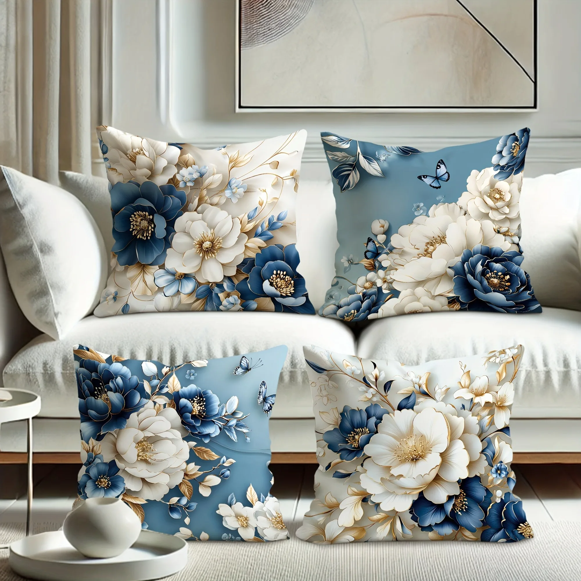 

Blue White Gold Floral Light Luxury Pattern Home Decor Pillowcase Living Room Sofa Polyester Cushion Cover with Zipper
