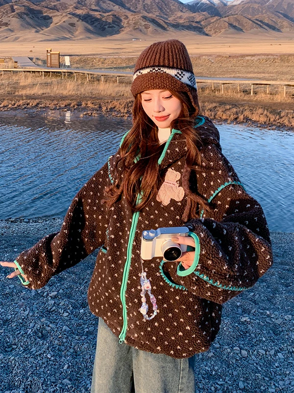 Damska kurtka z futra jagnięcego z nadrukiem niedźwiedzia, kolorowa, jesienno-zimowa, ocieplana, z podszewką z jagnięcej aksamitu, puszysta, do pracy, elegancka...