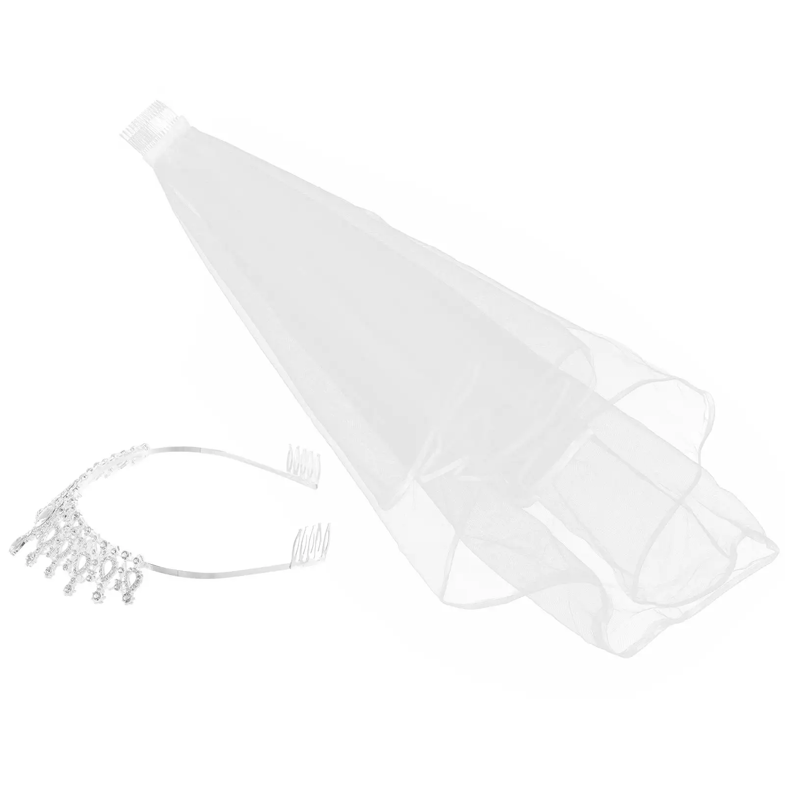 Rhinestone Crown Veil Bridal Headpiece 2 PCS Ivory Wedding Accessories Women Princess Lace Tiara Crystal Embellished Water