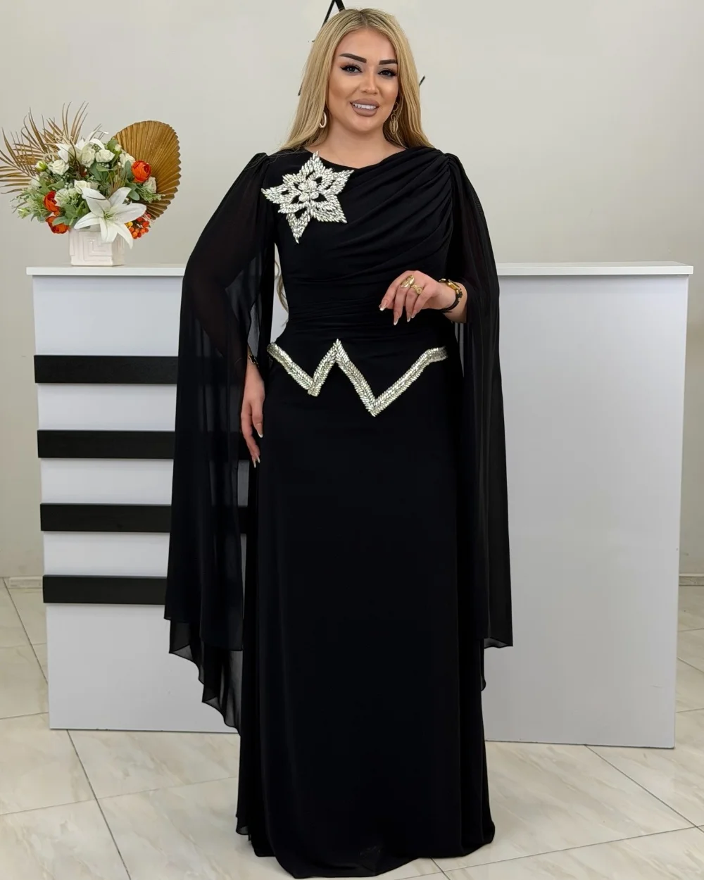 

Customized Black Modest Fashion Chiffon Pleat Ruched A-line Handmade Flower Rhinestone A-line Scoop Neck Long Dresses