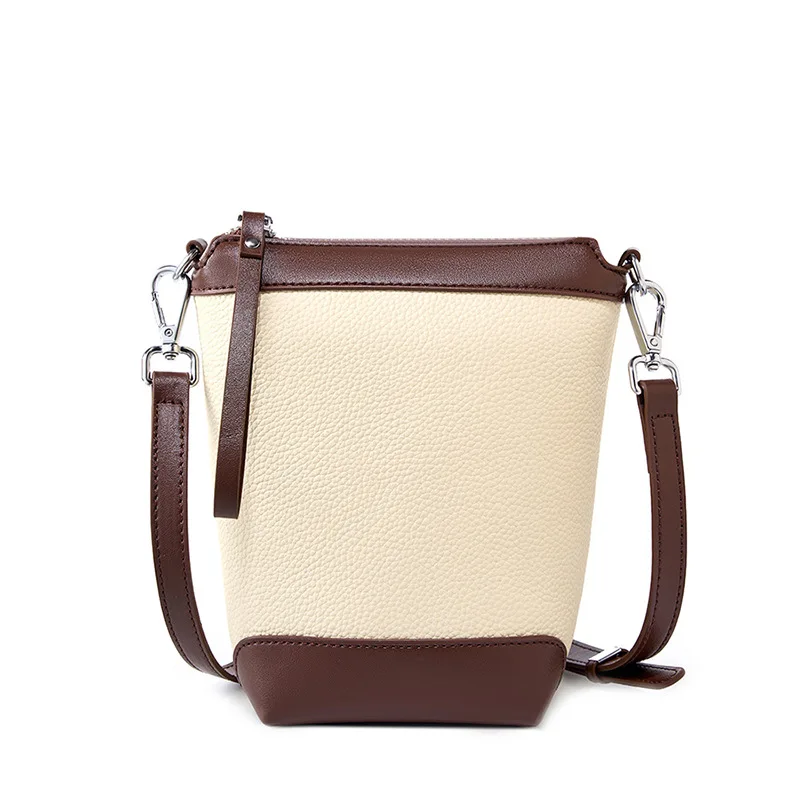 Small Bucket  for 2024 New Niche Design Cowhide Shoulder  Fashion Contrast Color Genuine Leather Women's Bag Crossbody Bag