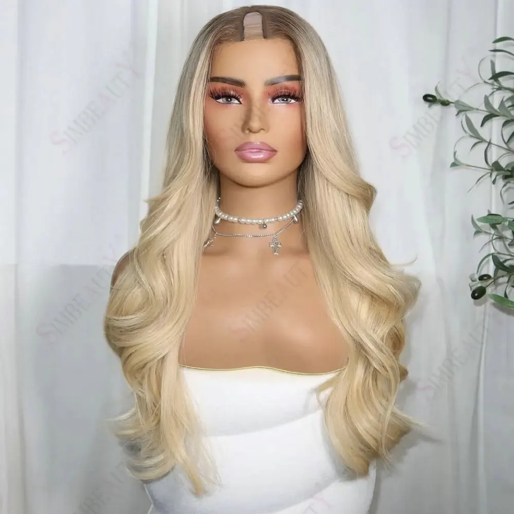 Super lockere, gewellte, dunkelblonde Wurzeln, Ombre-Platinblond, Echthaar, 1X4 U-Part-Perücken, klebefrei, verstellbare V-Part-Perücken mit Clips – Detail 3