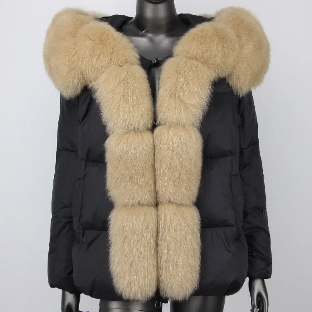 White Duck Down Coat Women Real Raccoon Fur Jacket American Fashion Big Fur Coat Thick Winter Oversize Fox Fur Collar Outerwear
