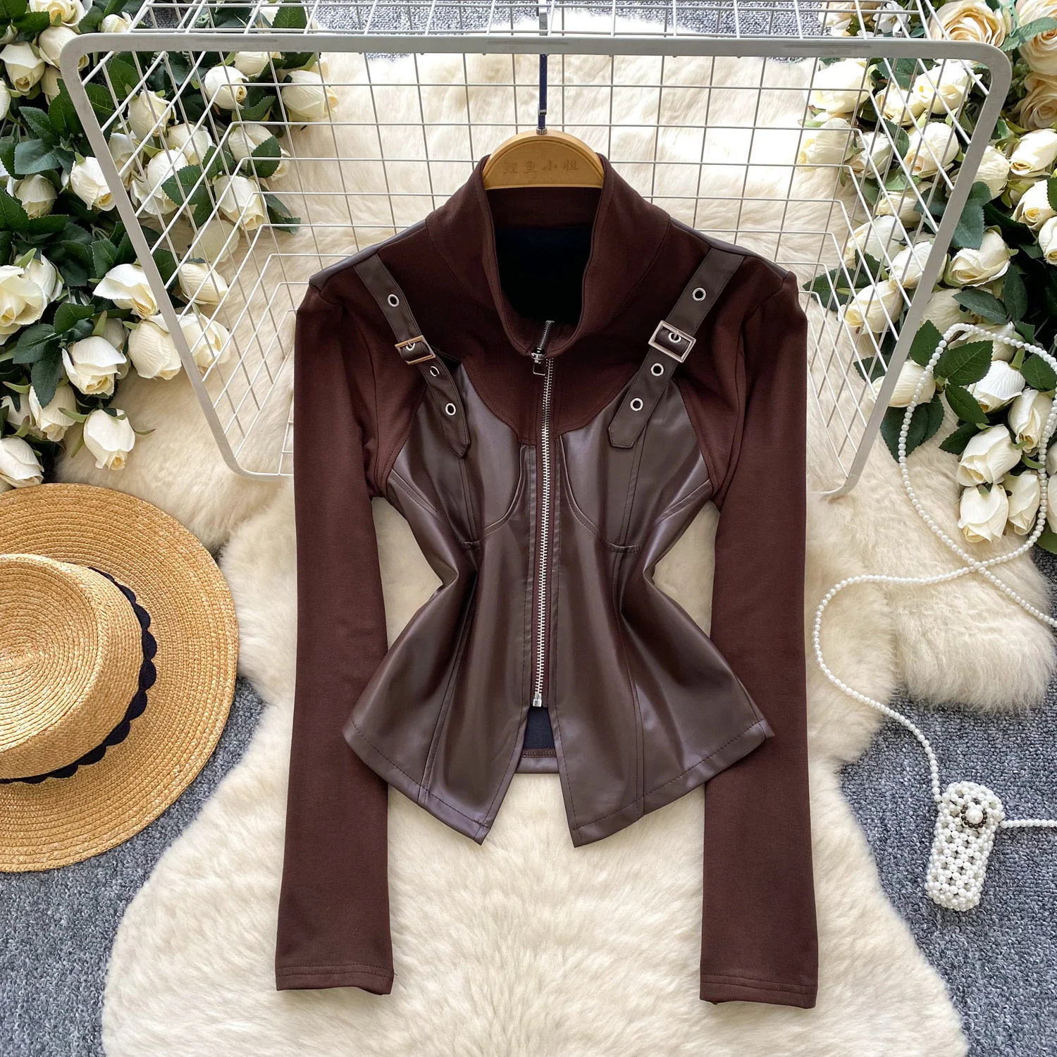 

Female Winter Zipper PU Fake 2pc Design Coat Jackets Lady Y2K Ins Chic Moto Biker Jackets Stand Neck Hotsweet Punk Gothic Coats