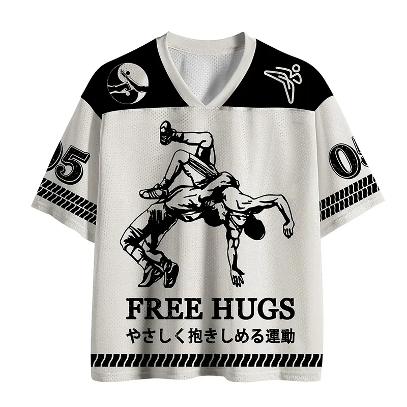 2026 Wrestling Slogan Print Short Sleeve Shirt Unisex Oversized V Neck Mesh Top Japanese Funny Street Fashion Blouse
