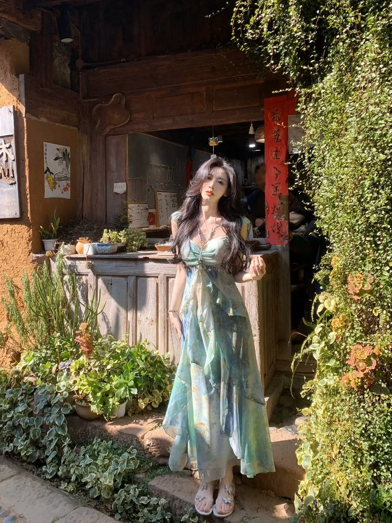 Mode Elegante Damen Kleider Sommer Neue Sexy Ärmellose Blumen Midi Kleid Boho Strand Casual Süße Fee Kleidung Frauen