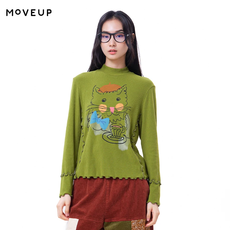 MOVEUP Long Sleeve T‑Shirt 2026 Winter Mock Neck Cat Print Color Contrast Lettuce‑Edge Tee Ribbed Casual Commuter Tops 3ELD10529