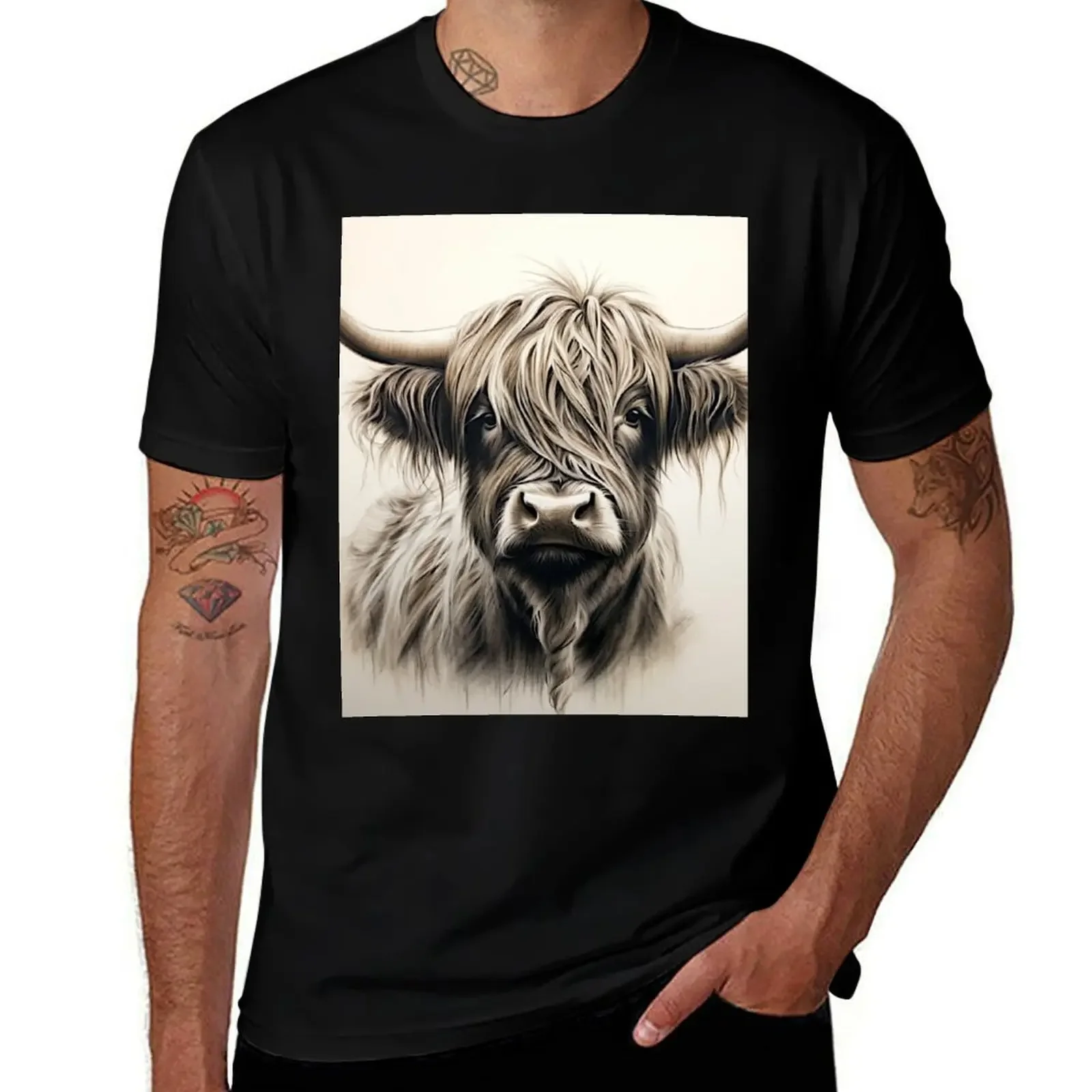 Highland Cow Black and White, Sepia T-Shirt Man t-shirt luxury designer korean fashion black t-shirts for men