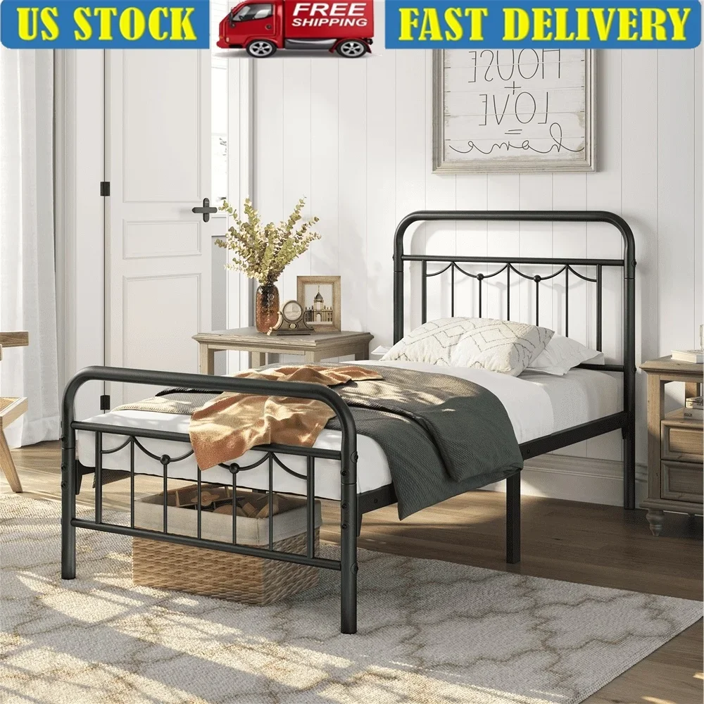 

Sturdy Twin Metal Bed Frame with Vintage Headboard No Box Spring Needed Space Saving Under Bed Storage Ideal All Ages