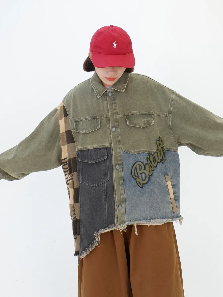 

Irregular damaged patchwork denim coats for women in autumn 2023, new loose fitting bf Japanese street jackets