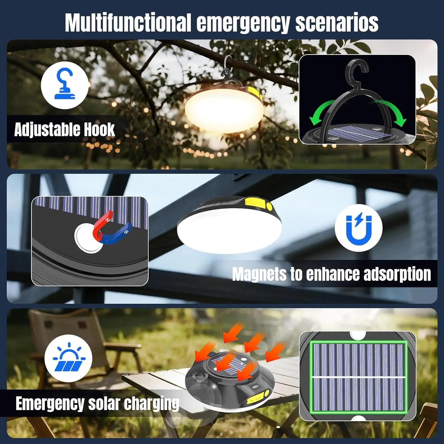 16000 мАч солнечный светодиодный фонарь для кемпинга 26000LM, перезаряжаемый водонепроницаемый фонарик мощностью 150 Вт с магнитом для палатки, улицы, экстренного использования