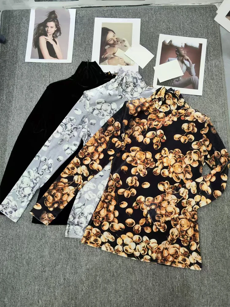 Retro luxury gold threaded buttons gold velvet high-necked long-sleeved blouse autumn new fashion slim Joker pullover.