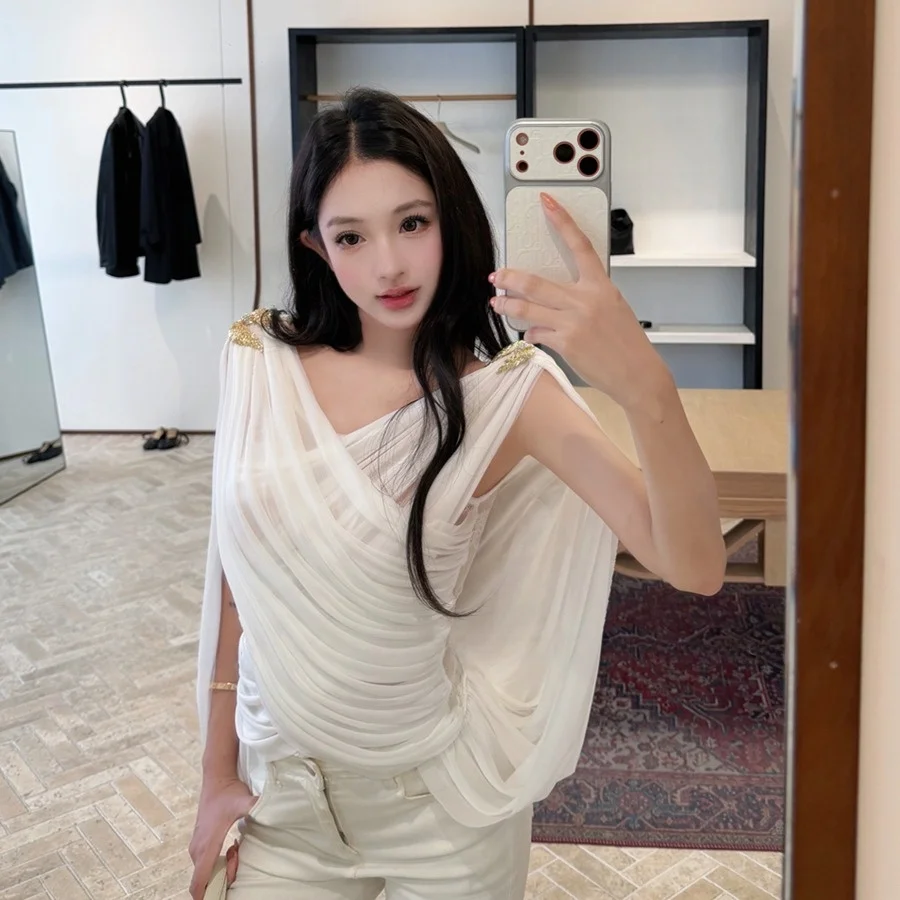 White Metal Cross Gathered Women's Vest Design Sensual Draped Autumn New Style Fashionable Top Women's Clothing