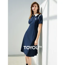 TOYOUTH Dressed Women's Spring 2024 New Academy Style Contrast Polo Neck Waist Tie T-shirt Dress
