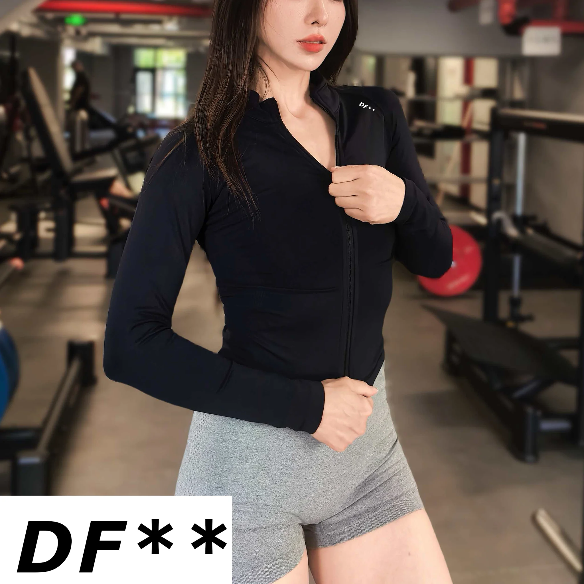 DF LOGO  Women Zip Sports Jacket Slim Tight Long Sleeve Top Warm Fitness Yoga Workout Running Gym Cardigan Coat Activewear