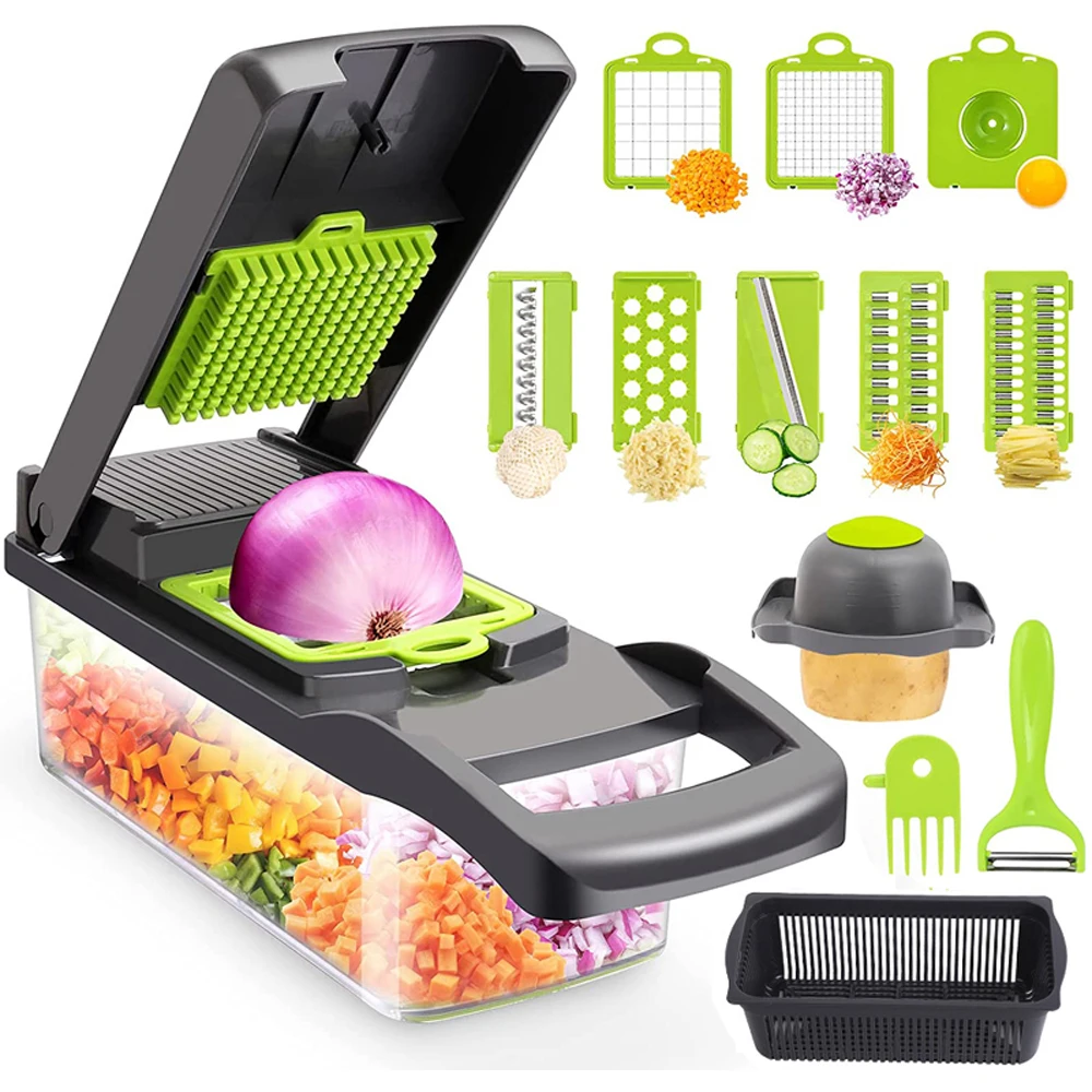 Dilimleme Doğrama Izgara Spiralizasyon Julienning için Kevgir Sepetli 16'sı 1 Arada Çok Fonksiyonlu Sebze Kesici