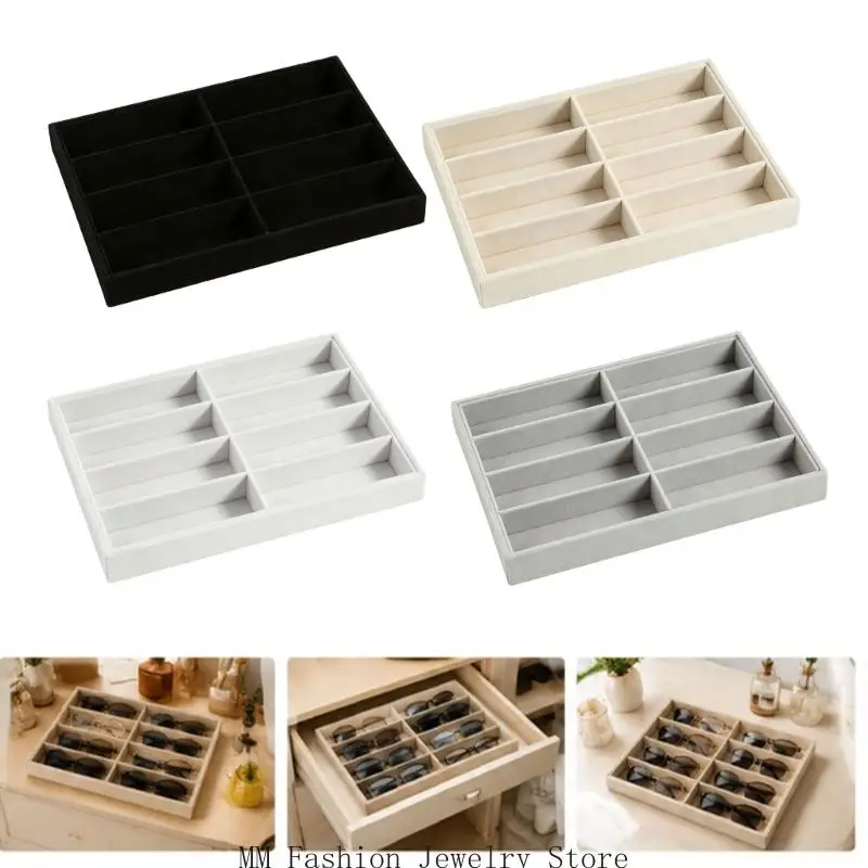 Open Glasses Storage Tray with 8 Separate Compartments, Single-Level Fabric-Covered Layout for Visible Eyewear Storage