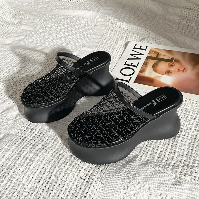 

Туфли на высоком каблуке, женские тапочки, уличные туфли на танкетке, шлепанцы на платформе, Pantofle с резьбой, лето 2021, женская обувь C