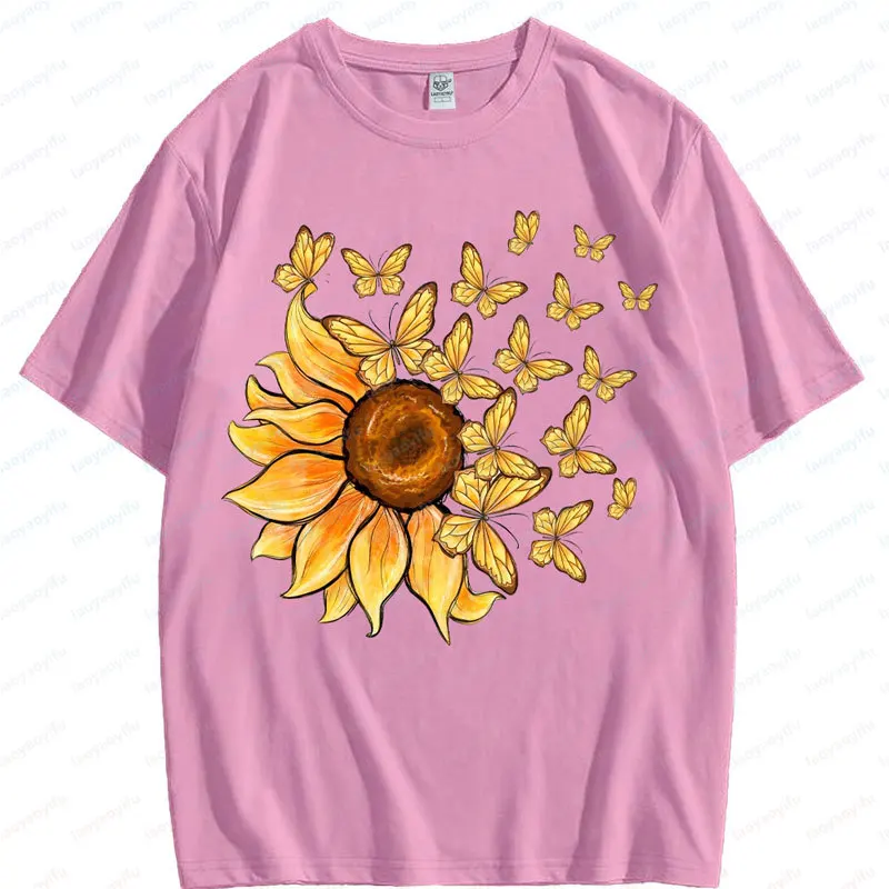 

Sunflower Butterfly T-shirt Butterfly Retro Cute Botanical Floral Mom Gift High Quality Cotton Women's Short Sleeve Tops