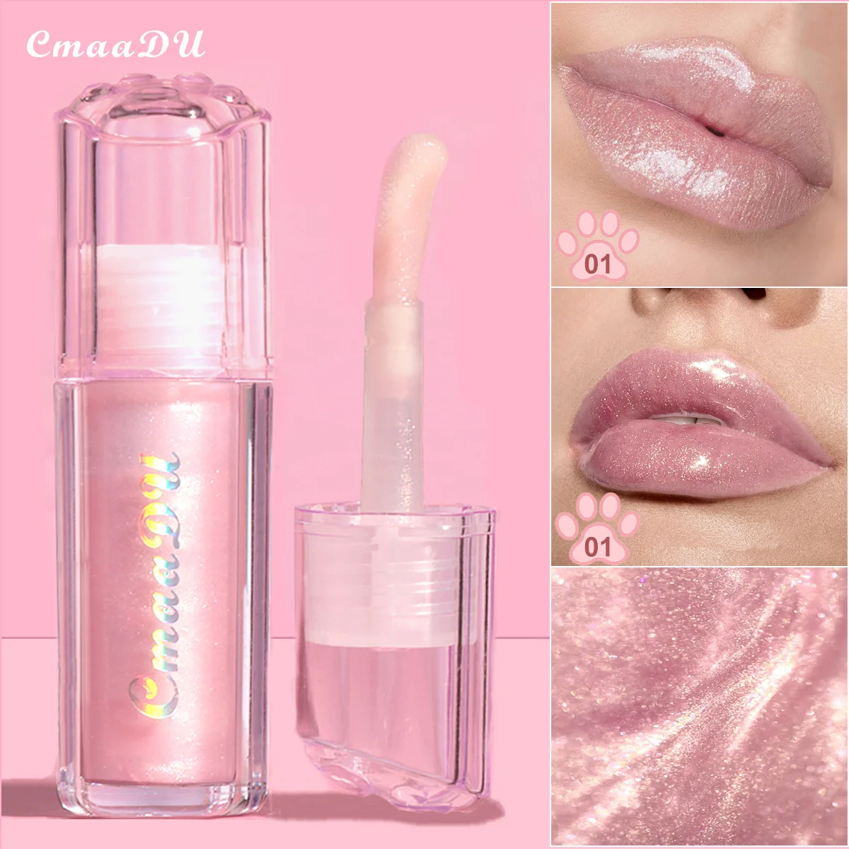 CmaaDU Brilho labial diamante de 2 cores, espelho de água com gás fino, cor e brancura, brilho labial gordo, hidratante