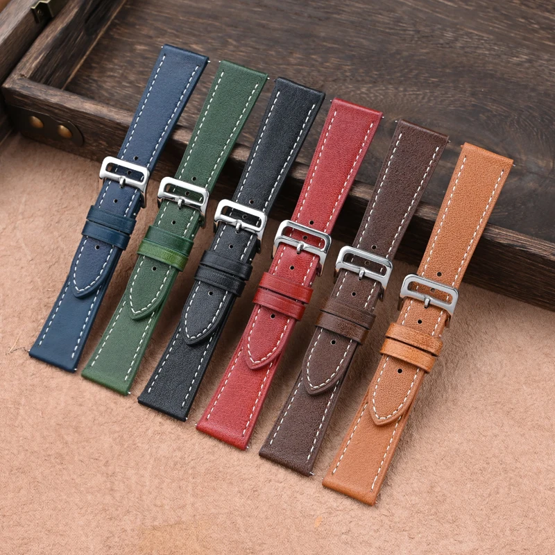 Genuine Cow Leather Strap 17mm 18mm 19mm 20mm 21mm 22mm 24mm Men Women Oil Wax Leather Quick Release Replace Bracelet Watch Band