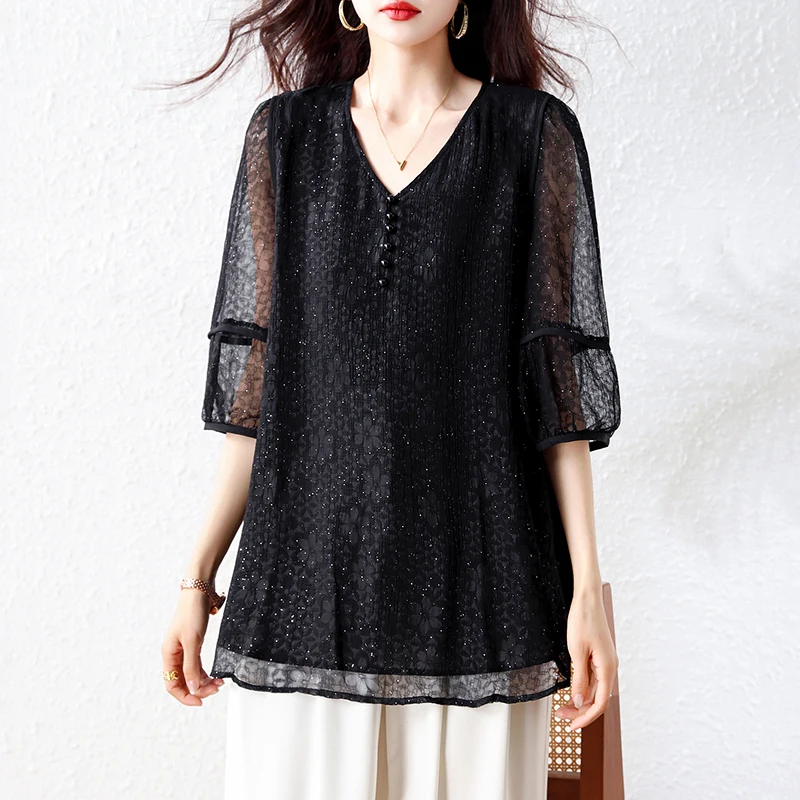 

Spring Summer plus Size Women's irt Floral Embroidery Loose Fitting Slimming Belly Cover Trendy Tee Quarter Sve Top