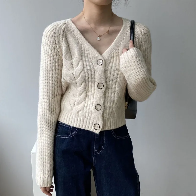 Женский весенне-осенний новый свитер с высокой талией и v-образным вырезом на пуговицах, модный однотонный свободный повседневный вязаный кардиган
