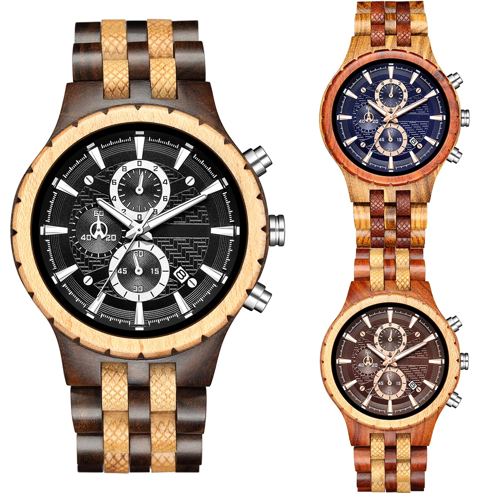 New Wooden Watch Men Top Brand Luxury Chronograph Military Quartz Watches for Man  Customized Handcrafted Vintage Wooden Male