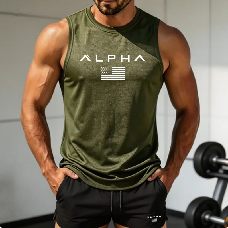 Summer Men Breathable Mesh Sleeveless Top Quick Dry Printed Tank Tops Gym Workout Running Training Sports Fitness SleevelessVest