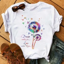 Dandelion Print Short Sleeve T-shirt Loose European Size Women's Wear Tops Harajuku Vintage Clothes Summer polyester fabric