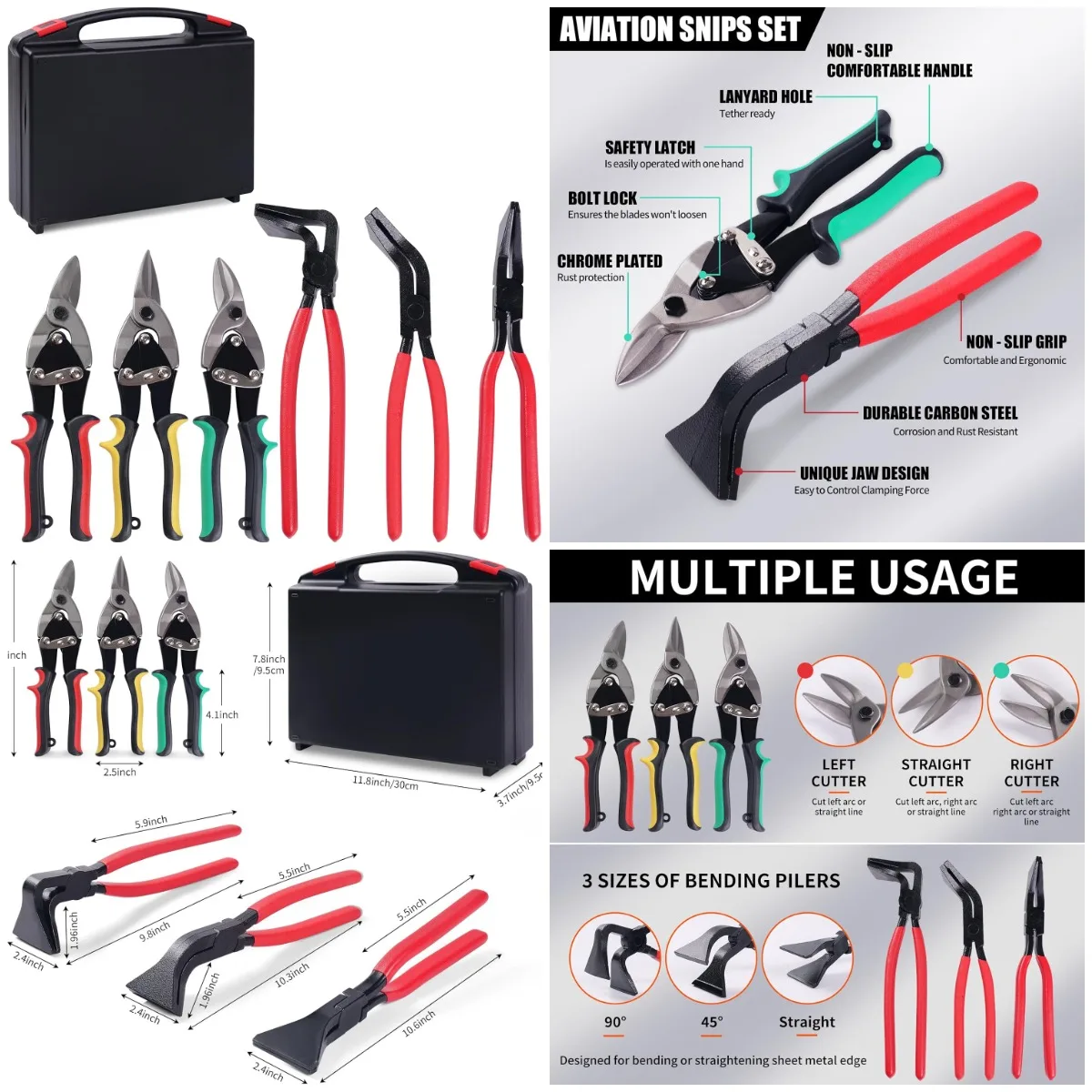 

6-Piece Metal Tools Set: 3 Hand Seamers & 3 Tin Snips for HVAC, Roofing, Ductwork – Includes Storage Case