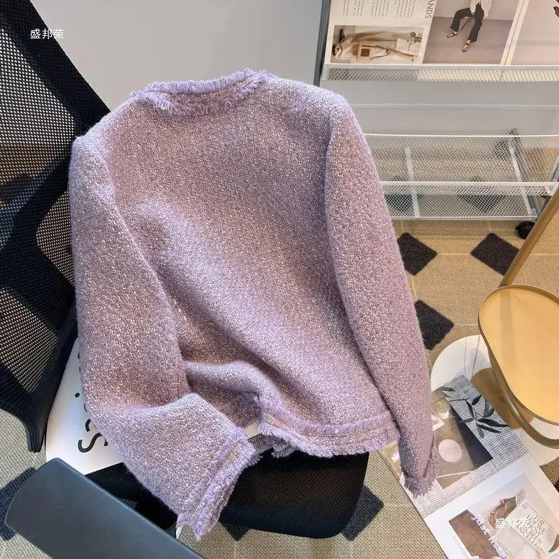 Purple Tweed Jacket Women Vintage O-Neck Metal Single Breasted Cropped Coat Korean Style Elegant Patch Designs Jackets for Women