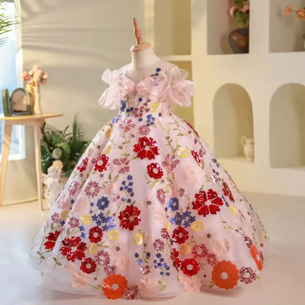 Jill Wish Luxury Arabic Floral Girl Dress Sequined Appliques Kids Princess Birthday Wedding Party First Communion Gown J236