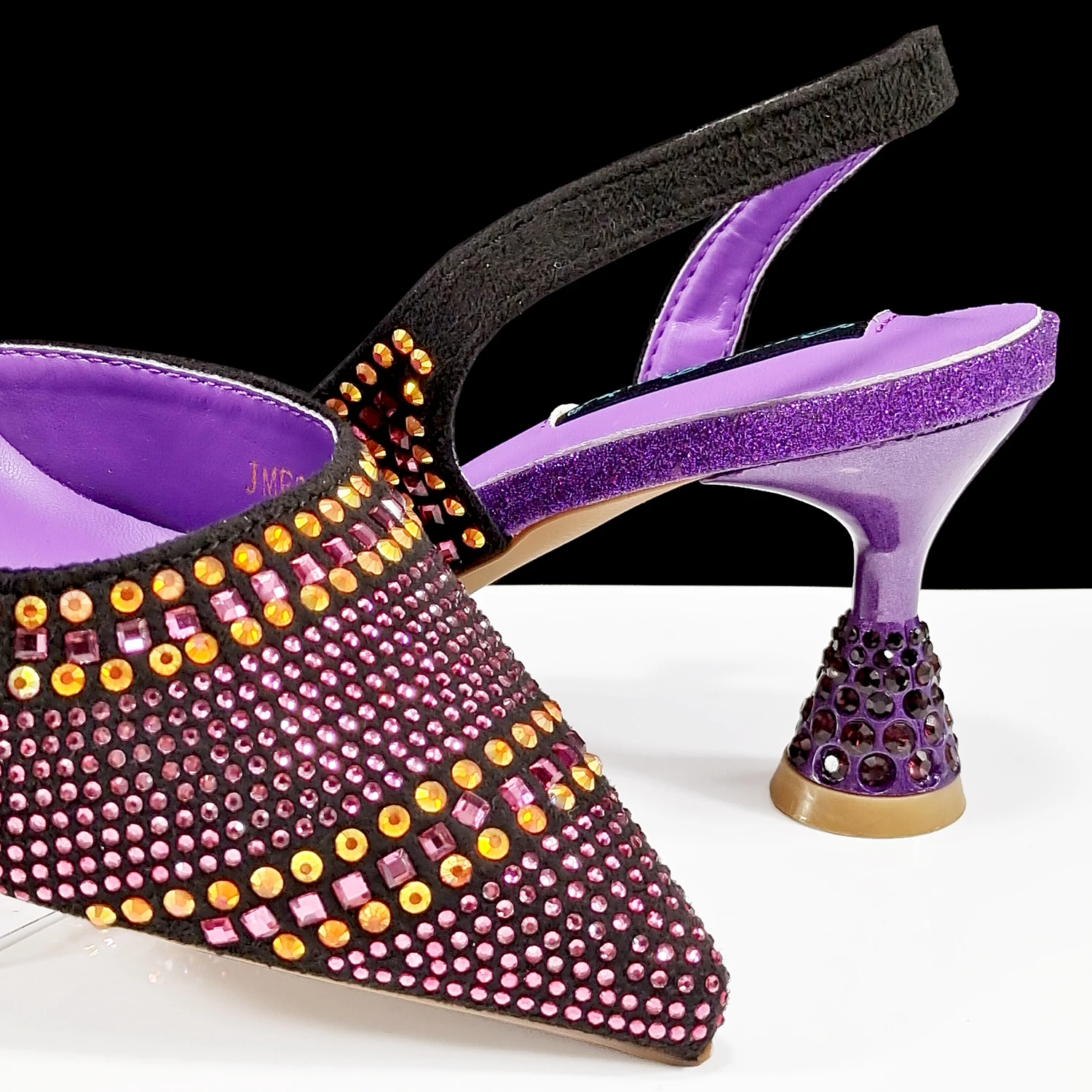 Newest Colorful Rhinestone Design Mature Style Fuchsia Color Pointed Toe High Heel Women Shoes and Bag Set for Party Wedding