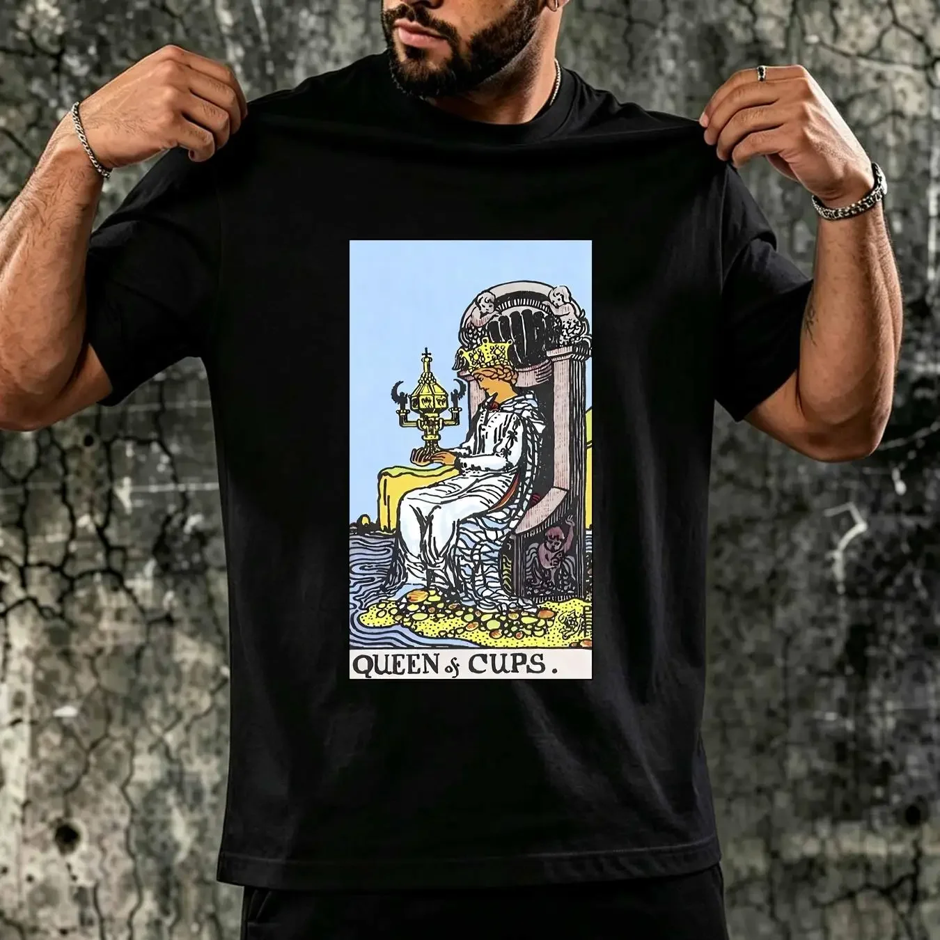 washed T Shirt Queen of Cups Vintage Tarot Card the original hand drawn Rider Waite Deck vintage Washed Breathable Comfortable