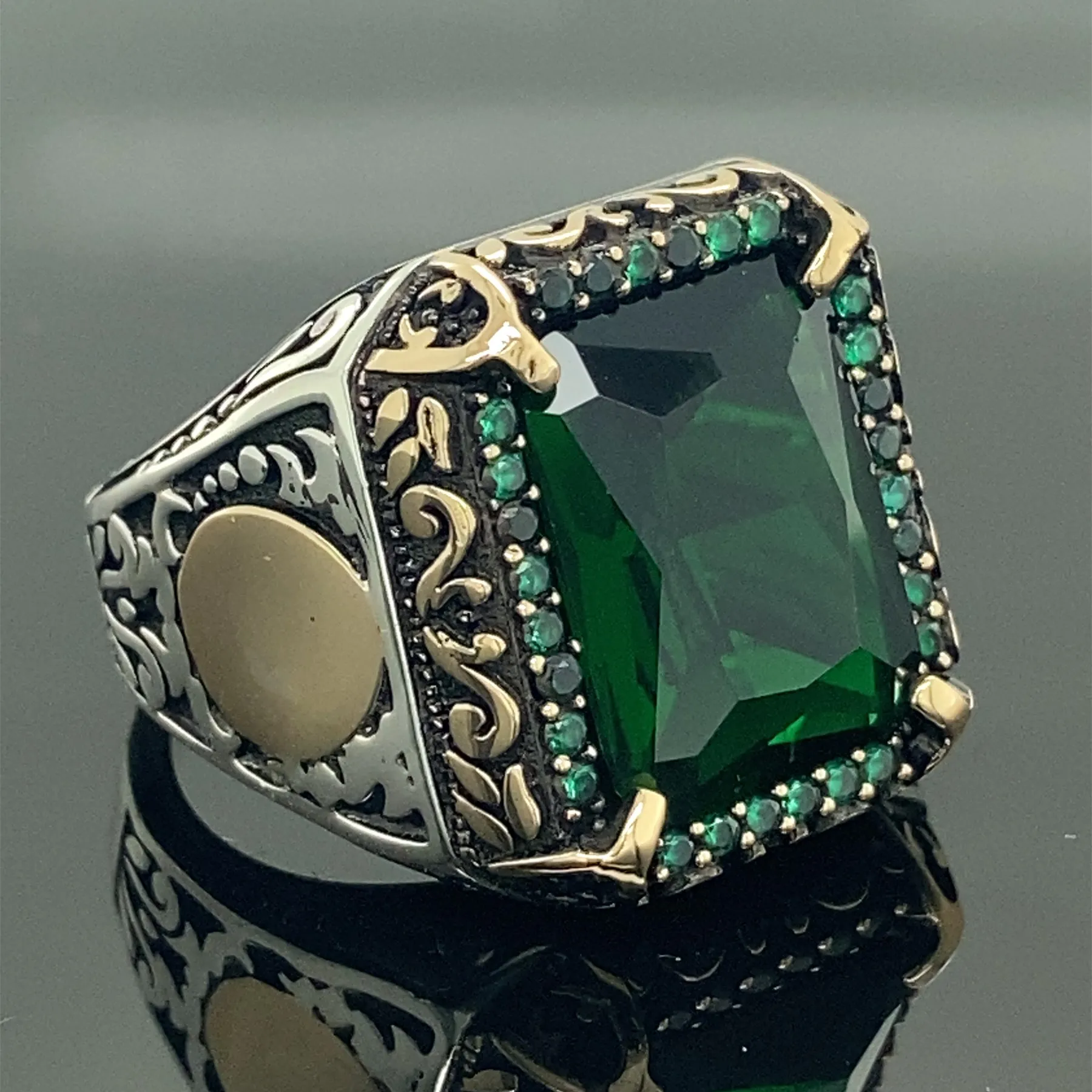 

Men Emerald Stone Ring , Green Stone Ring , Vintage Style Ring , Square Stone Ring , Ottoman Style Ring , 925k Sterling Silver