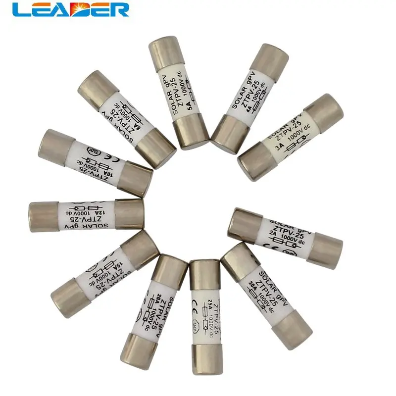 LEADER 10 Pcs Lot 1000V 10*38MM 10A 12A 15A 20A 25A 30A DC PV Solar Fuse Metal Alloys for Solar Power System Protection BX0234