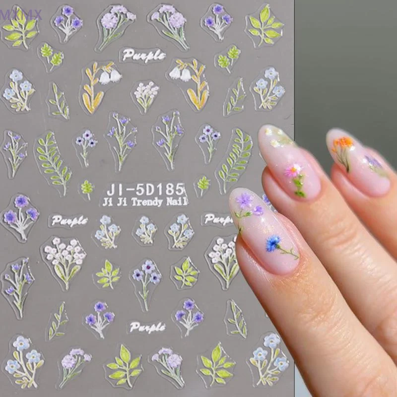 5D レリーフカラフルなワイルドフラワーネイルアートステッカーチューリップラベンダーコスモス花自己粘着ステッカー DIY マニキュアデカール