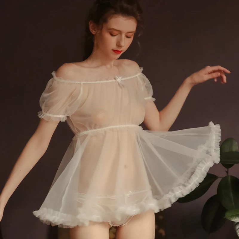 Women Romantic Off‑Shoulder Mesh Nightdress Short‑Sleeve Sheer Lace Chemise Sleepwear Valentine Honeymoon Dating Bedroom Party